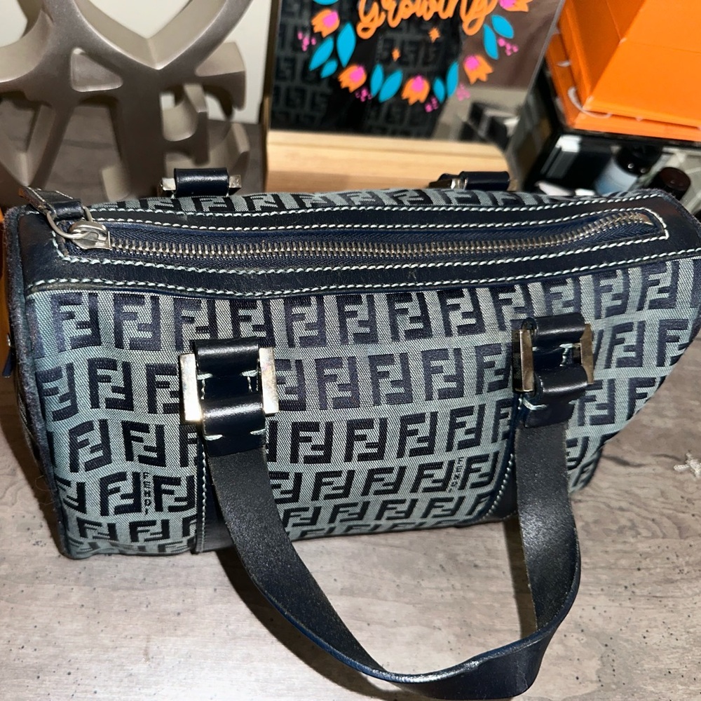 Authentic Fendi Zucca Monogram Boston Bag Navy Blue